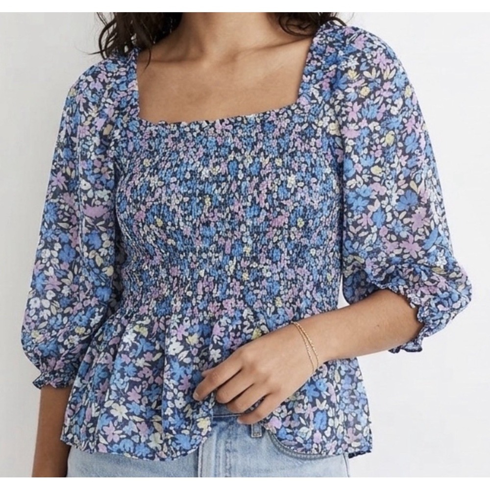 Nanette Lepore smocked floral top retro blue balloon sleeve prairie coquette S